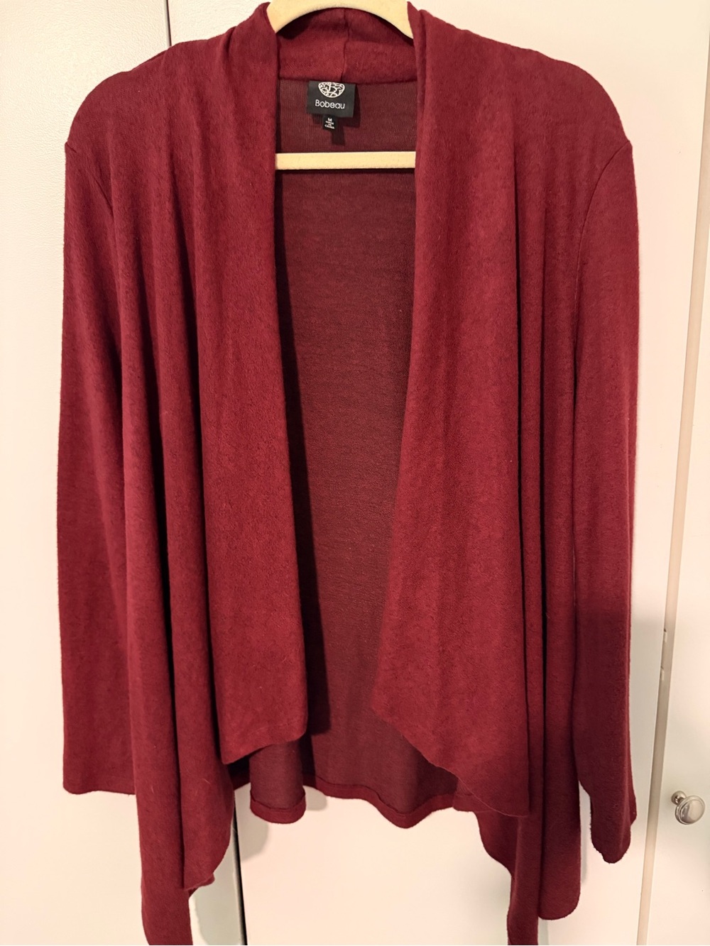 bobeau Open-Front Draped Cardigan in Burgundy